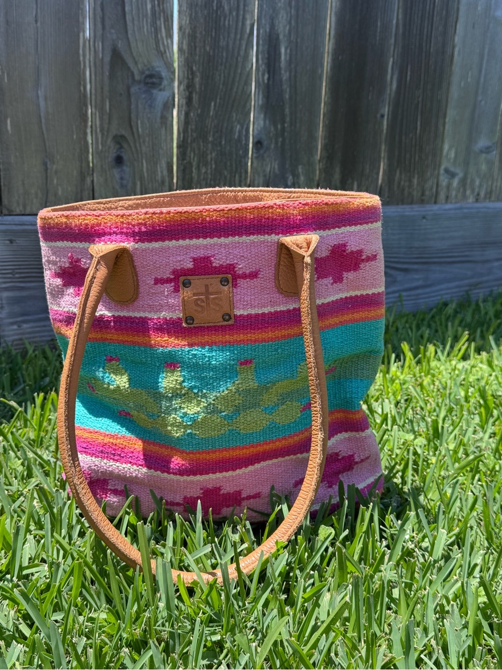 STS Ranchwear Pink & Teal Woven Stripe Tote with Leather Handles